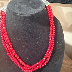 Red Multi-Strand Beaded Necklace by